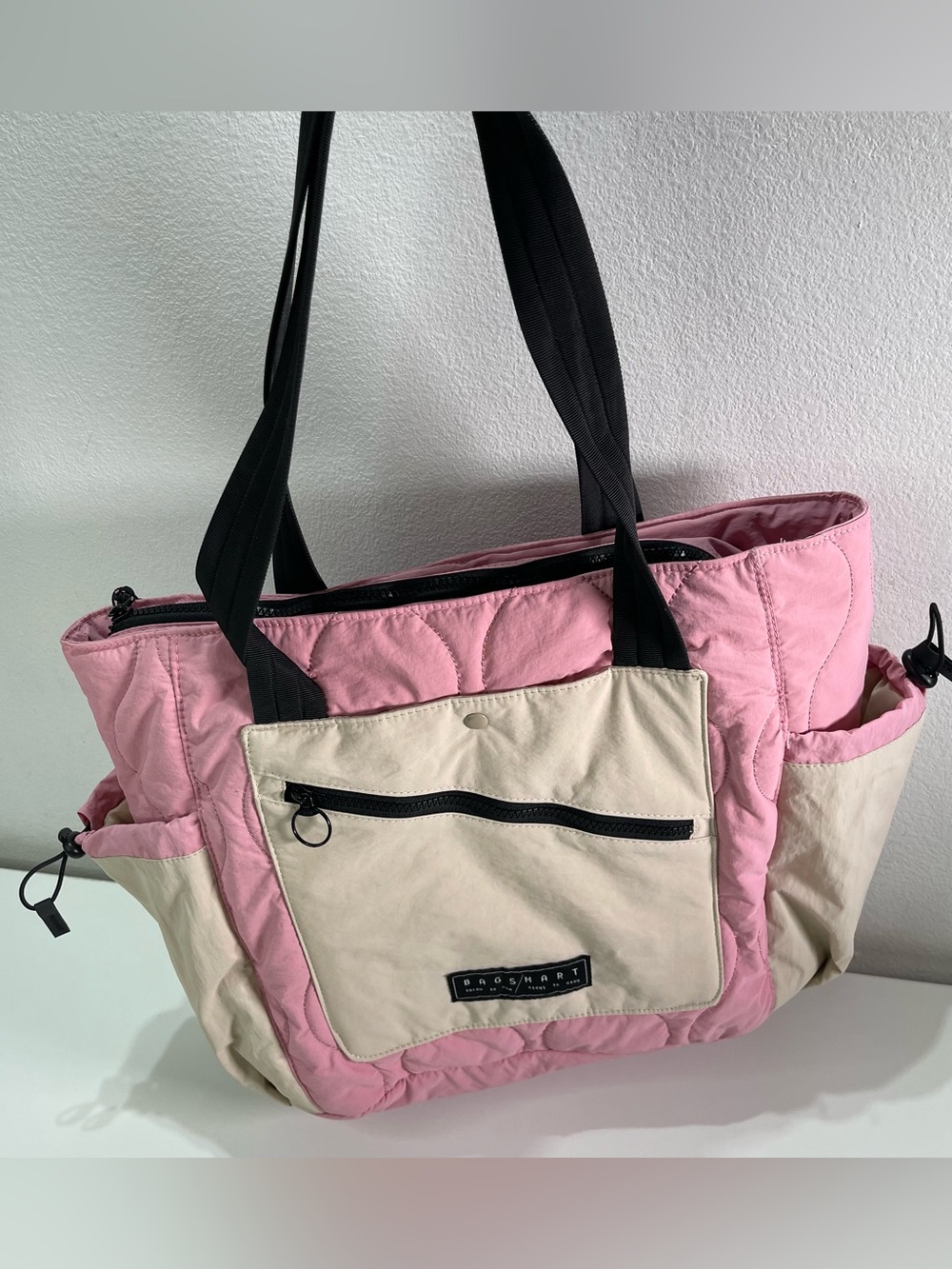 Bagsmart Paz 23L Quilted Laptop Tote Messenger Book Bag Pink Beige Organizer